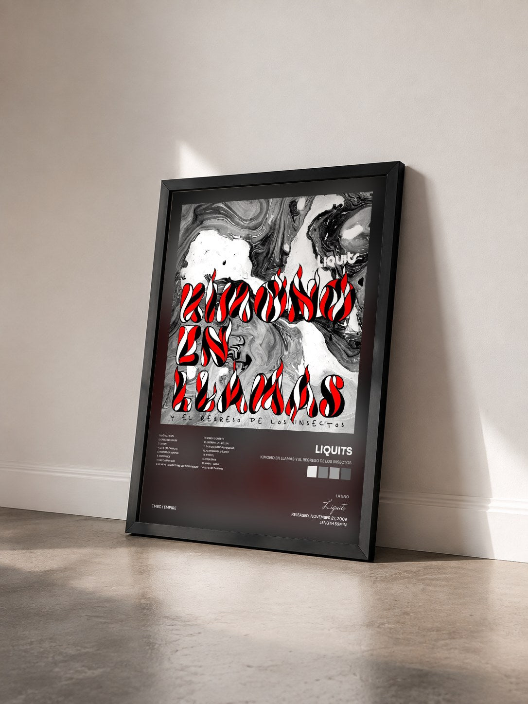 #noir Tableau de l'album Kimono en Llamas y El Regreso de los Insectos de Liquits vu de trois quarts, cadre noir