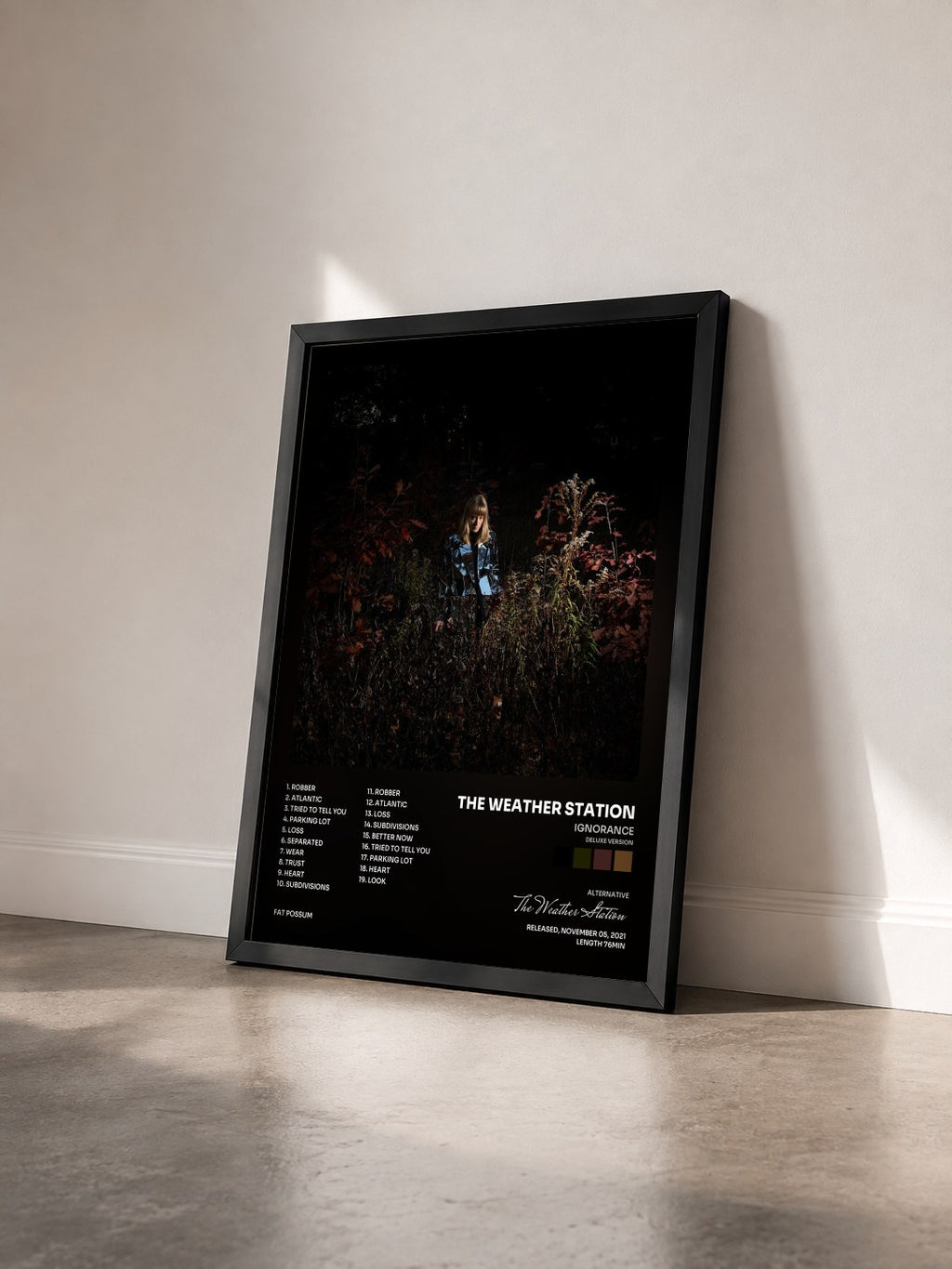 #noir Tableau de l'album Ignorance (Deluxe Version) de The Weather Station vu de trois quarts, cadre noir