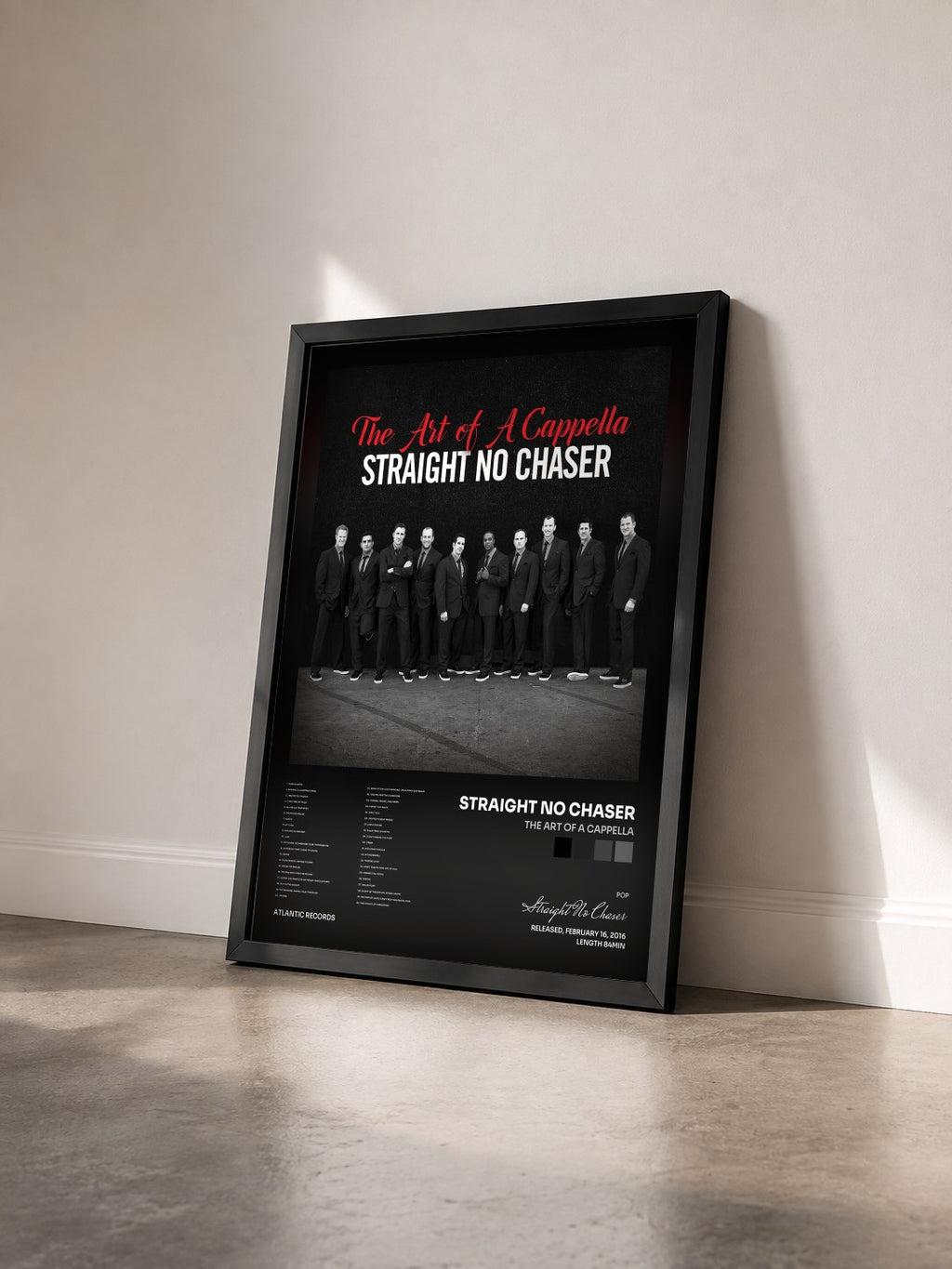 #noir Tableau de l'album The Art of a Cappella de Straight No Chaser vu de trois quarts, cadre noir