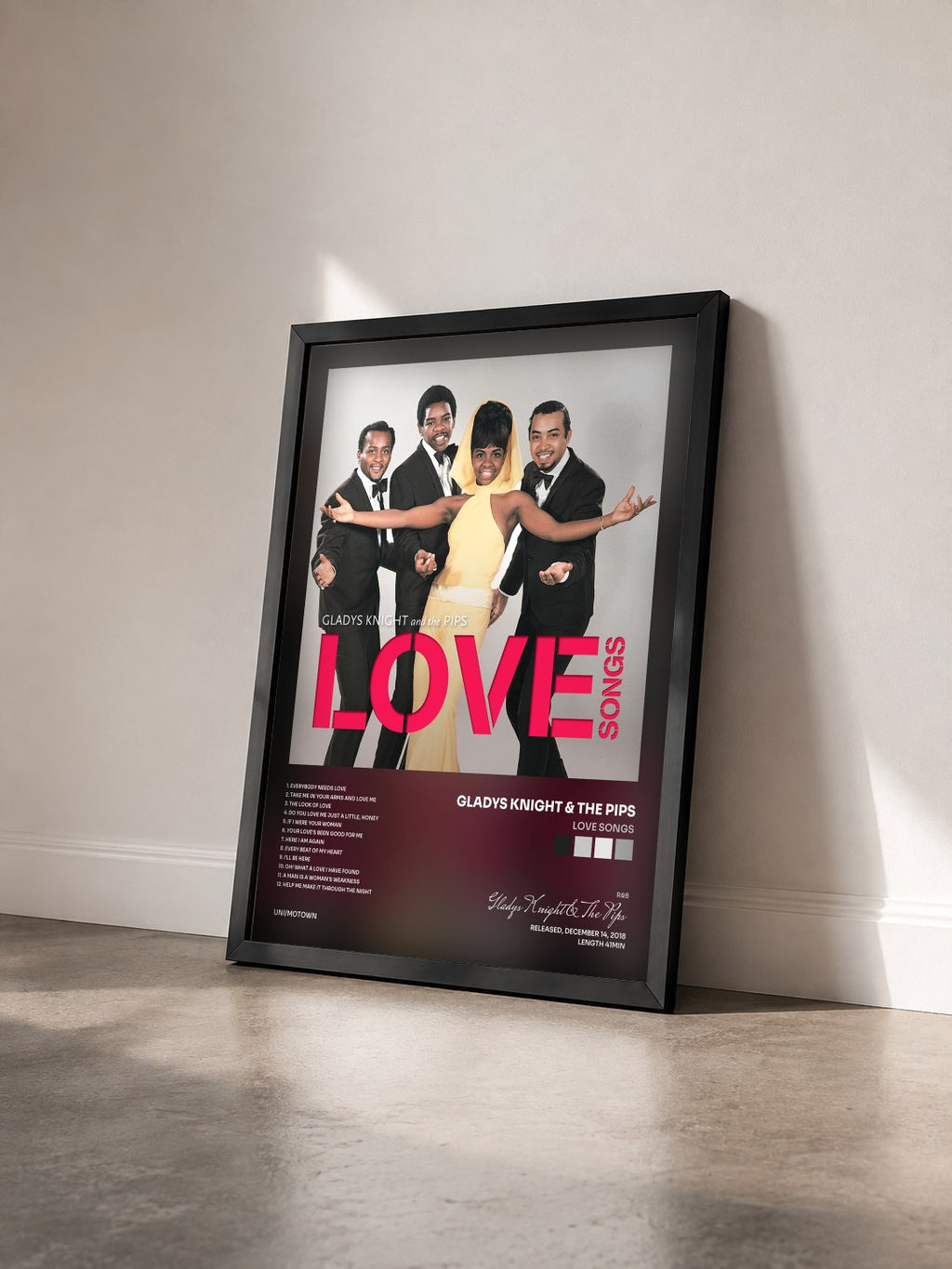 #noir Tableau de l'album Love Songs de Gladys Knight & The Pips vu de trois quarts, cadre noir