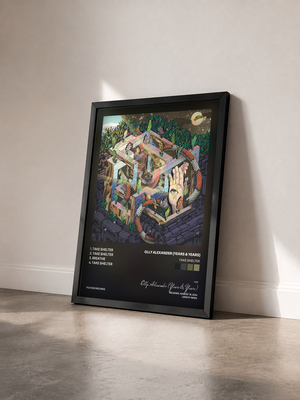 #noir Take Shelter by Olly Alexander (Years & Years) as a framed art print seen at an angle, black frame