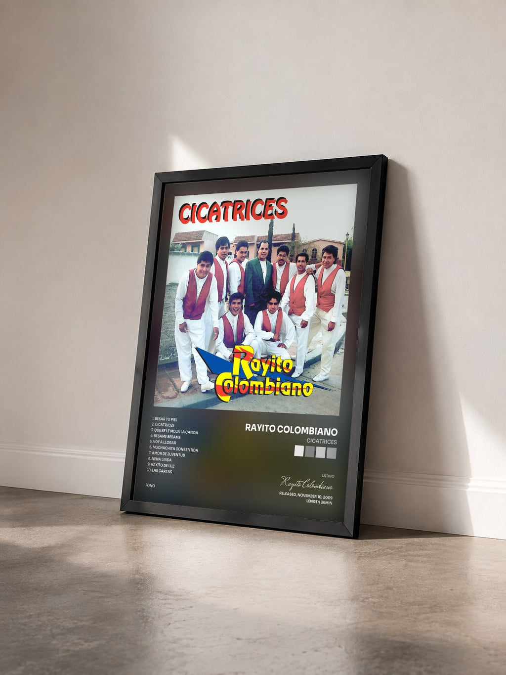 #noir Tableau de l'album Cicatrices de Rayito Colombiano vu de trois quarts, cadre noir
