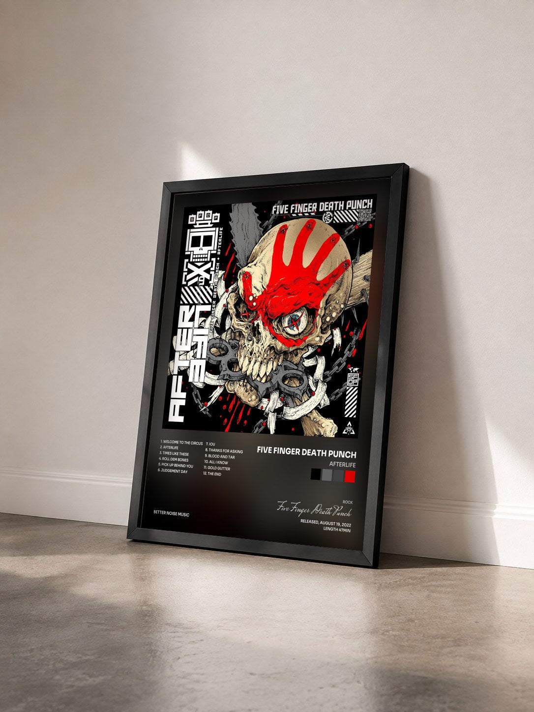 #noir Tableau de l'album AfterLife de Five Finger Death Punch vu de trois quarts, cadre noir