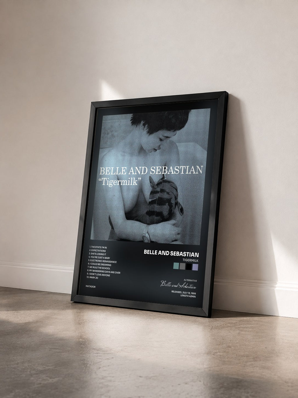 #noir Tableau de l'album Tigermilk de Belle and Sebastian vu de trois quarts, cadre noir