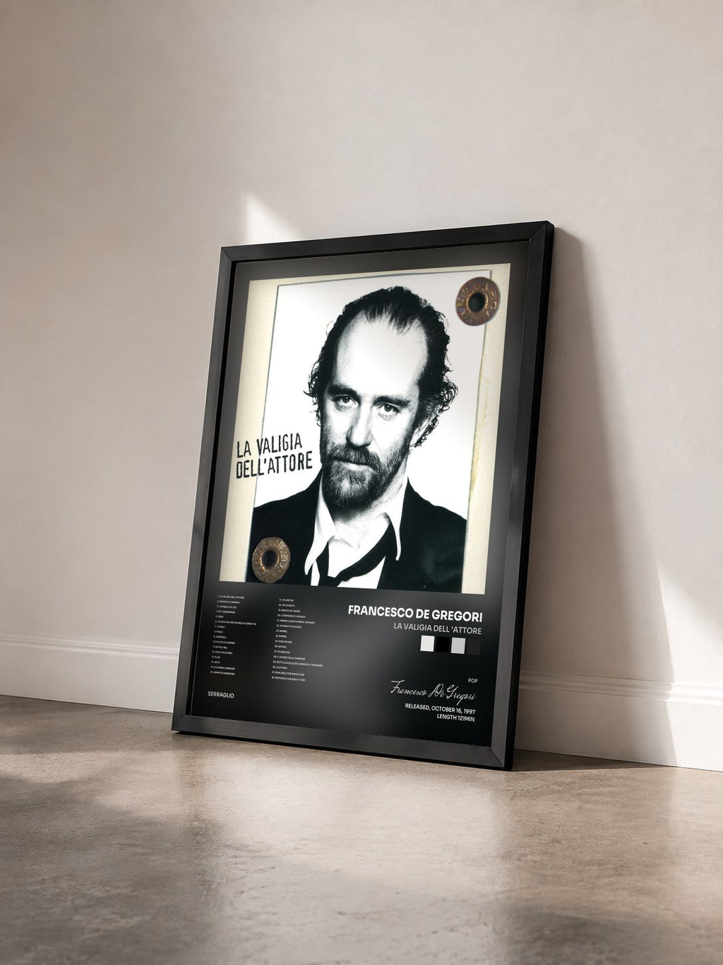 #noir Tableau de l'album La Valigia Dell 'Attore de Francesco De Gregori vu de trois quarts, cadre noir