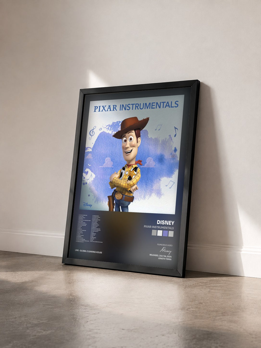 #noir Tableau de l'album Pixar Instrumentals de Disney vu de trois quarts, cadre noir