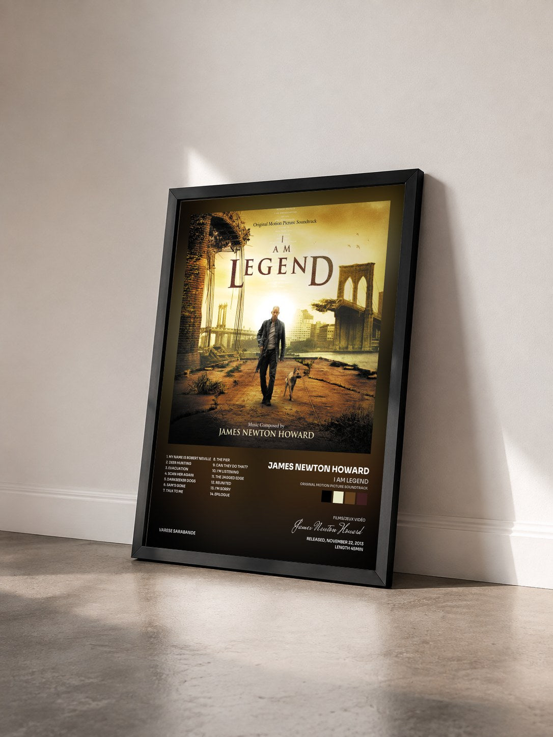 #noir I Am Legend (Original Motion Picture Soundtrack) by James Newton Howard as a framed art print seen at an angle, black frame