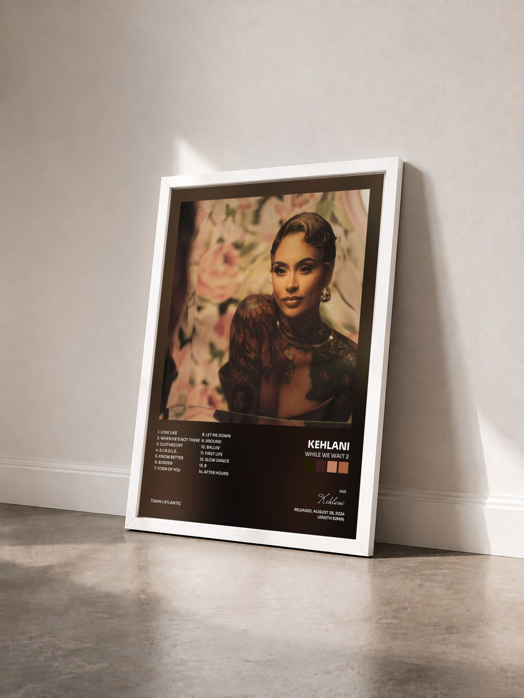 #blanc While We Wait 2 by Kehlani as a framed art print seen at an angle, white frame