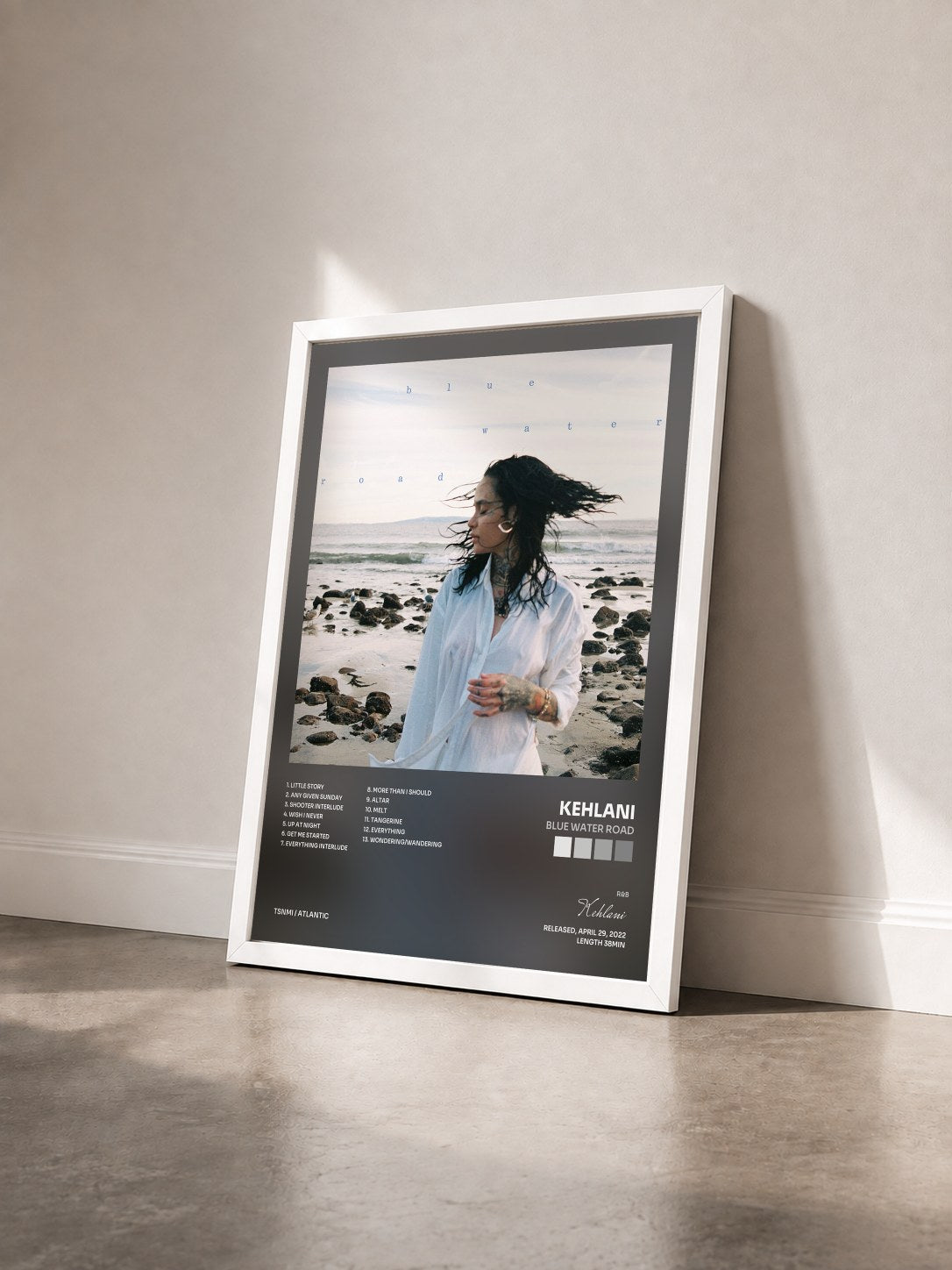 #blanc blue water road by Kehlani as a framed art print seen at an angle, white frame