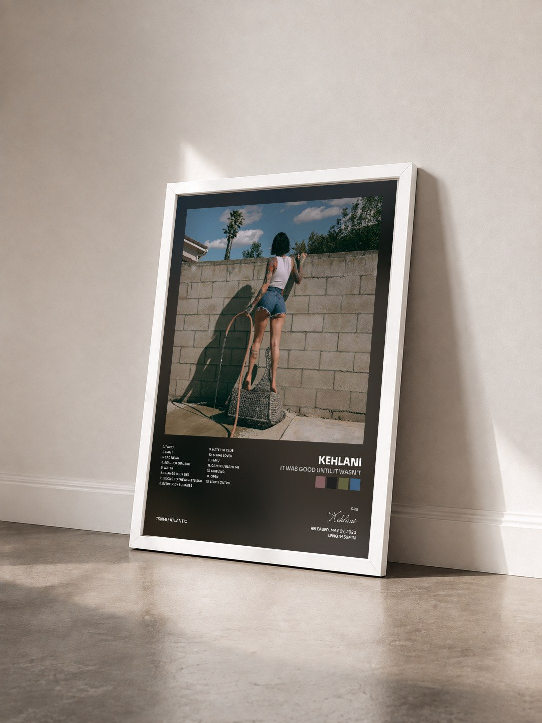 #blanc It Was Good Until It Wasn't by Kehlani as a framed art print seen at an angle, white frame