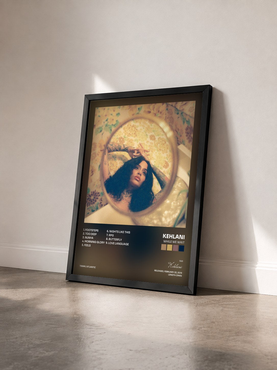 #noir While We Wait by Kehlani as a framed art print seen at an angle, black frame