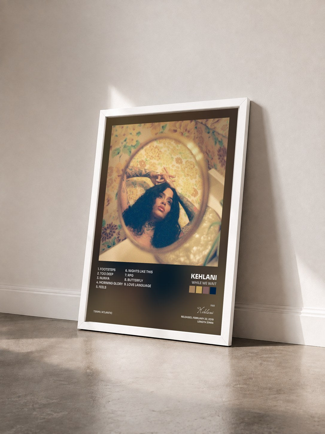 #blanc While We Wait by Kehlani as a framed art print seen at an angle, white frame