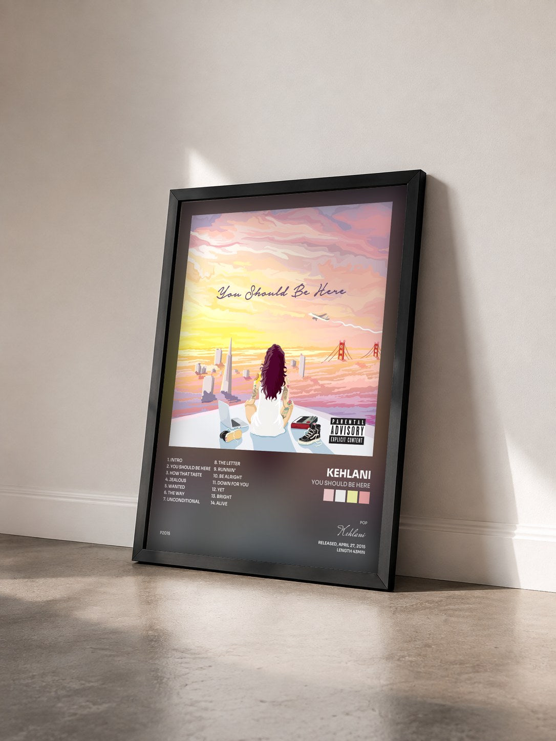 #noir You Should Be Here by Kehlani as a framed art print seen at an angle, black frame
