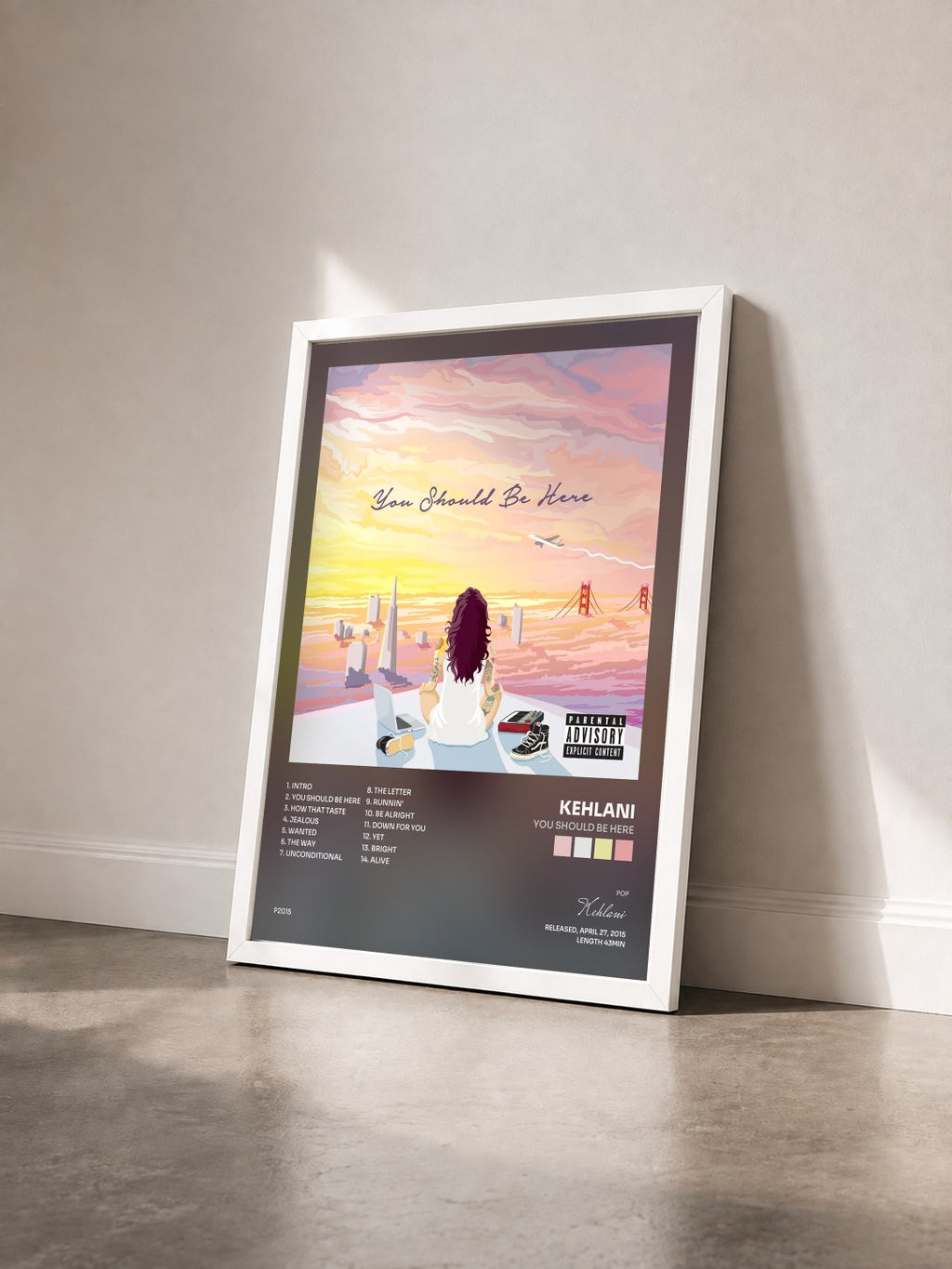 #blanc You Should Be Here by Kehlani as a framed art print seen at an angle, white frame