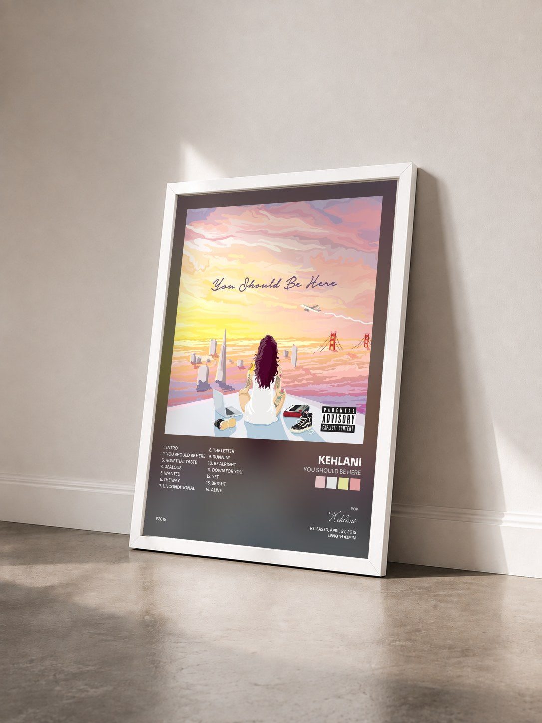 #blanc You Should Be Here by Kehlani as a framed art print seen at an angle, white frame