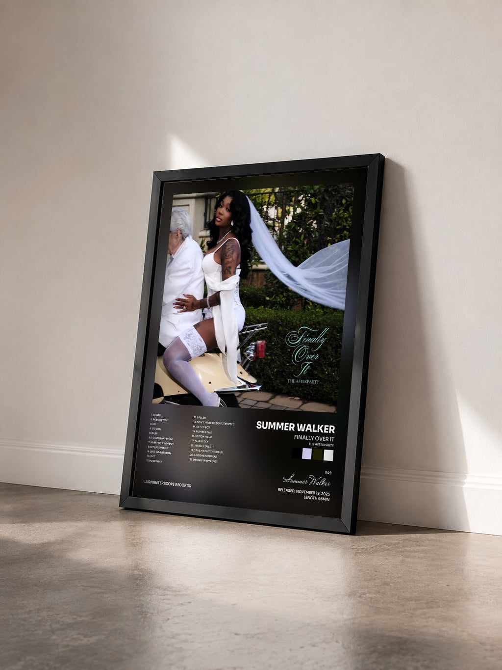 #noir Finally Over It (The Afterparty) by Summer Walker as a framed art print seen at an angle, black frame
