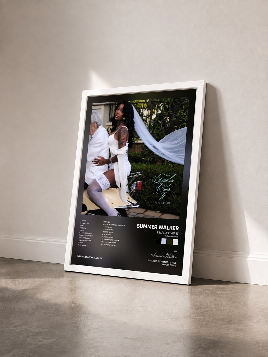 #blanc Finally Over It (The Afterparty) by Summer Walker as a framed art print seen at an angle, white frame