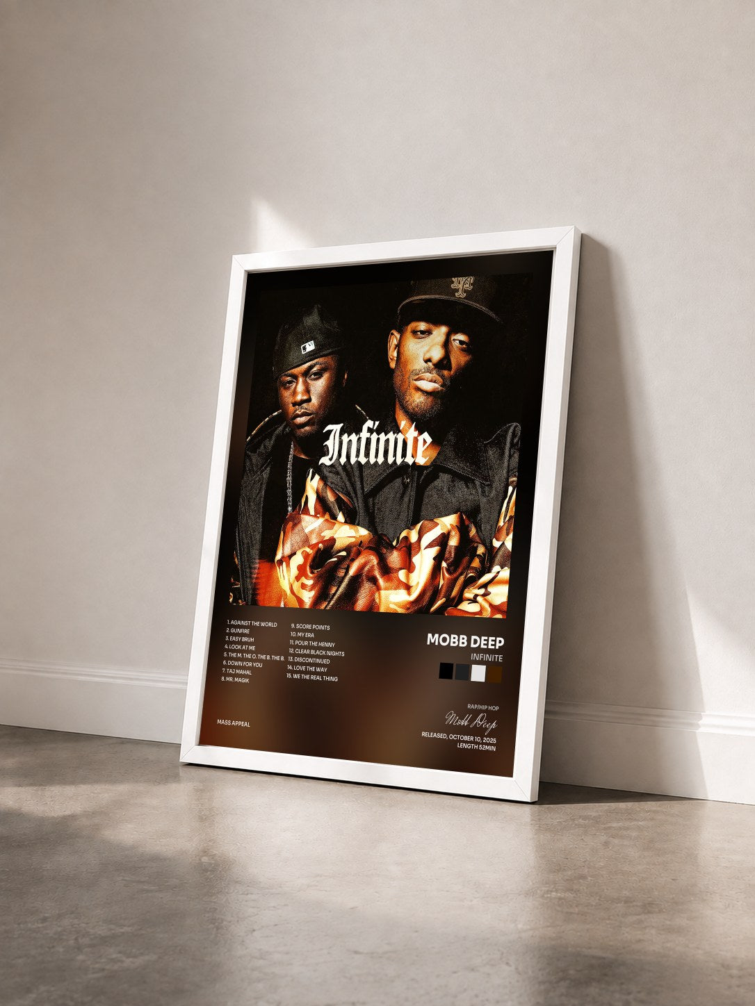 #blanc Tableau de l'album Infinite de Mobb Deep vu de trois quarts, cadre blanc