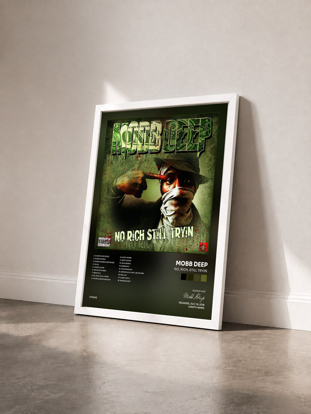 #blanc Tableau de l'album No, Rich, Still Tryin de Mobb Deep vu de trois quarts, cadre blanc