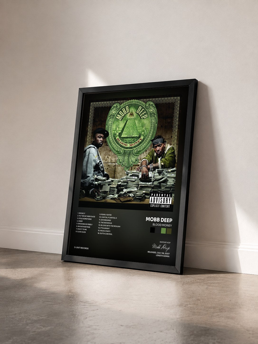 #noir Tableau de l'album Blood Money de Mobb Deep vu de trois quarts, cadre noir