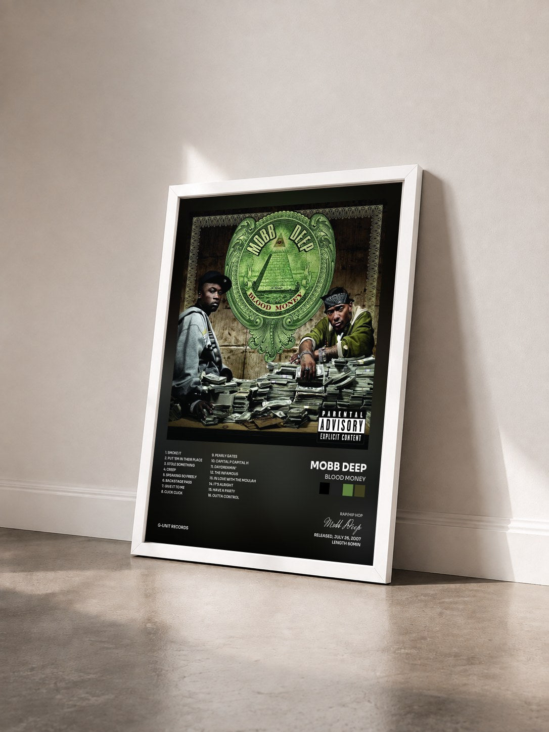 #blanc Tableau de l'album Blood Money de Mobb Deep vu de trois quarts, cadre blanc