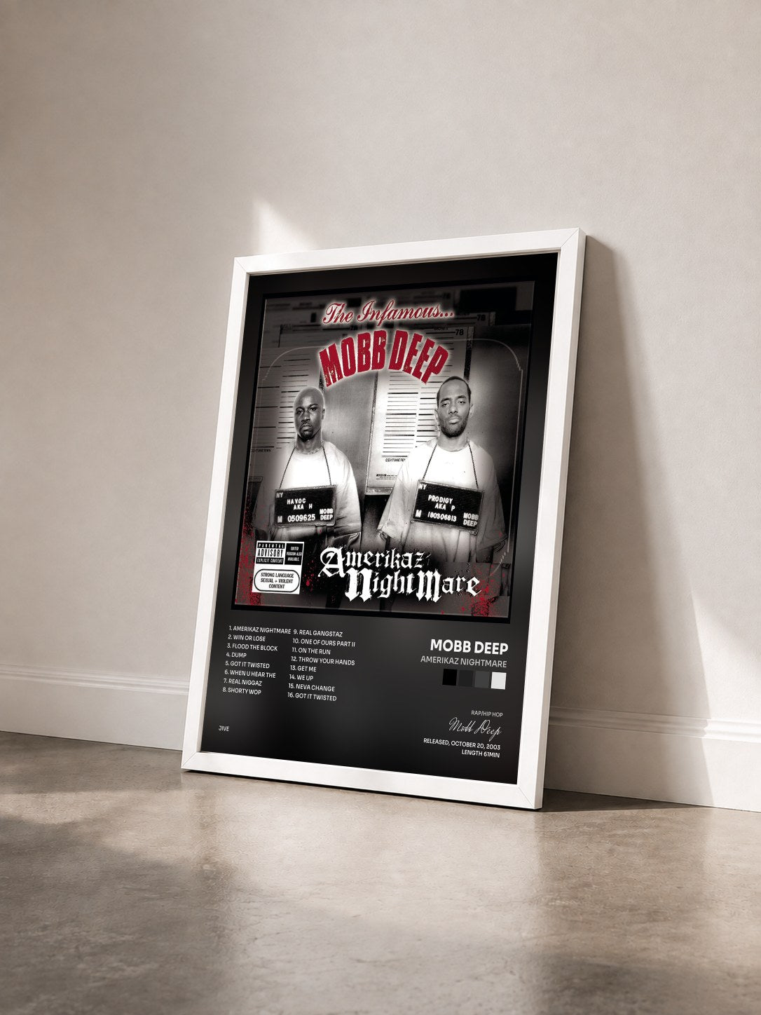 #blanc Tableau de l'album Amerikaz Nightmare de Mobb Deep vu de trois quarts, cadre blanc