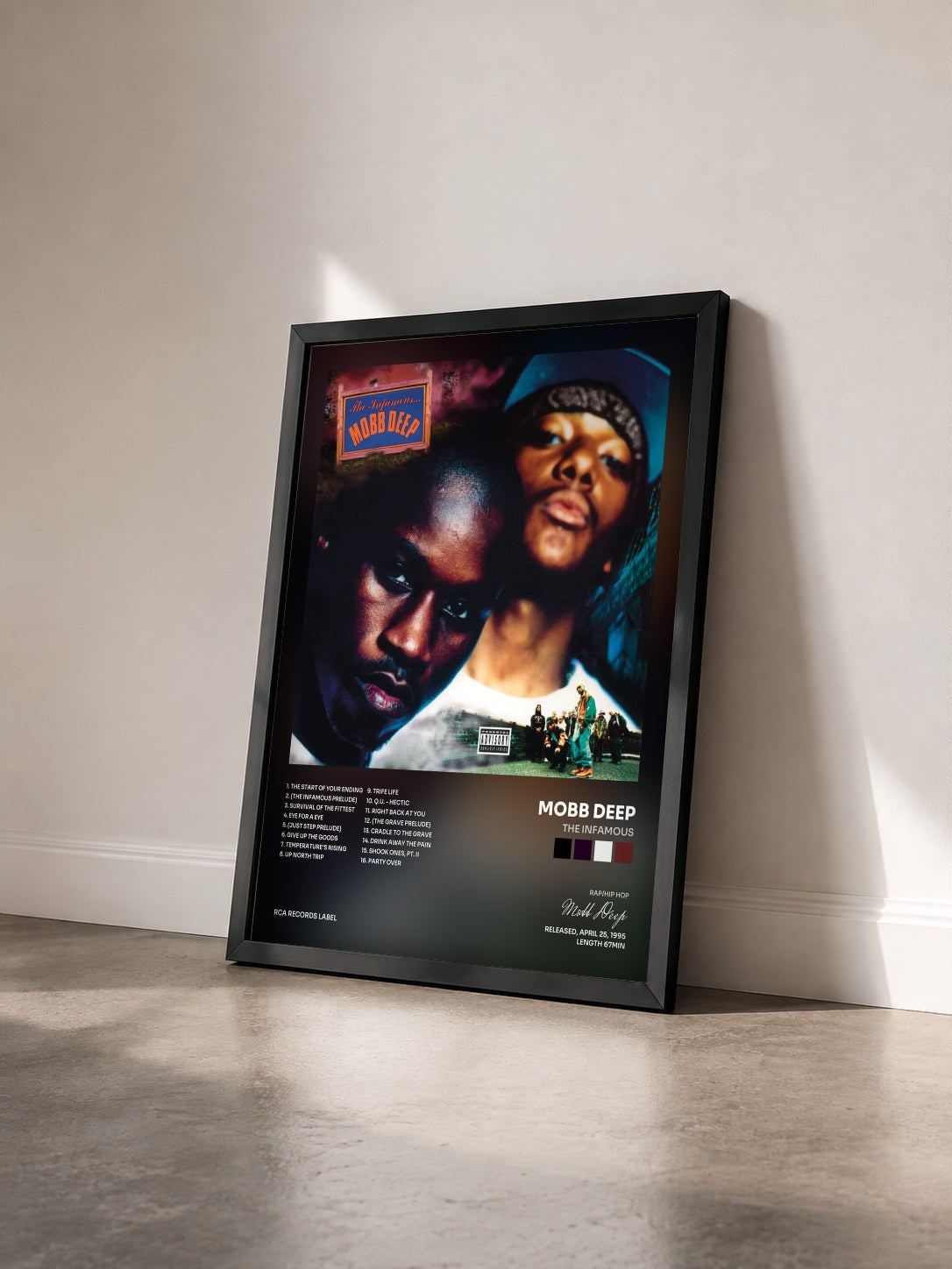 #noir The Infamous by Mobb Deep as a framed art print seen at an angle, black frame