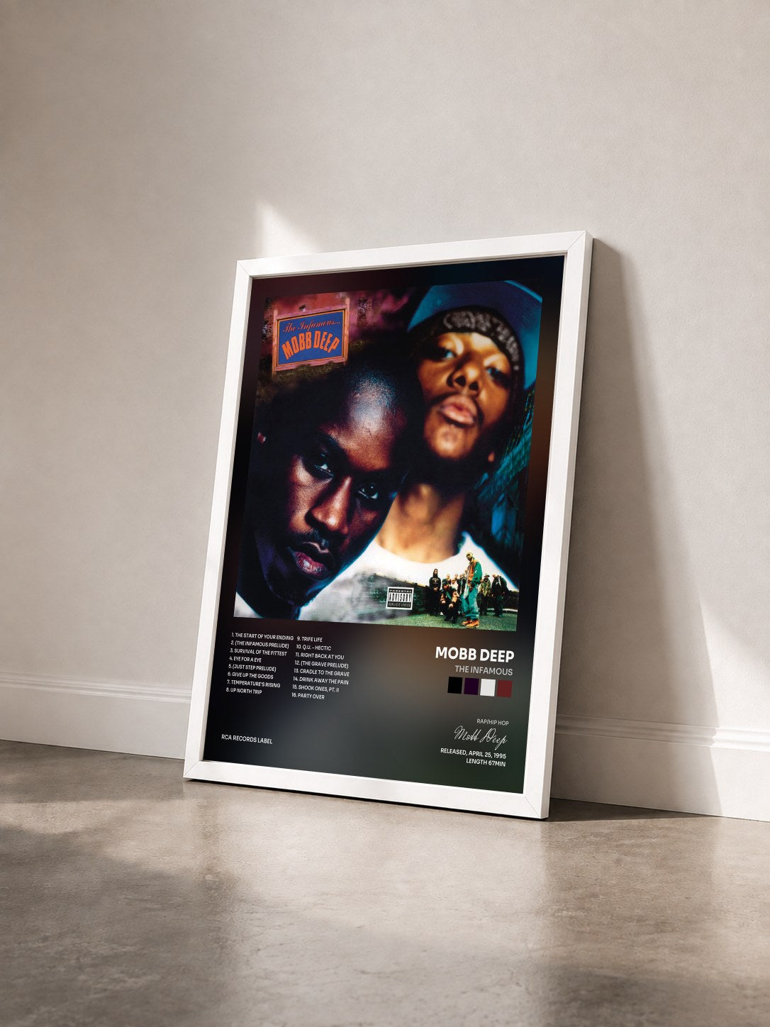#blanc The Infamous by Mobb Deep as a framed art print seen at an angle, white frame