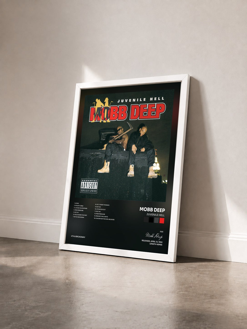 #blanc Juvenile Hell di Mobb Deep in stampa incorniciata vista di tre quarti, cornice bianca