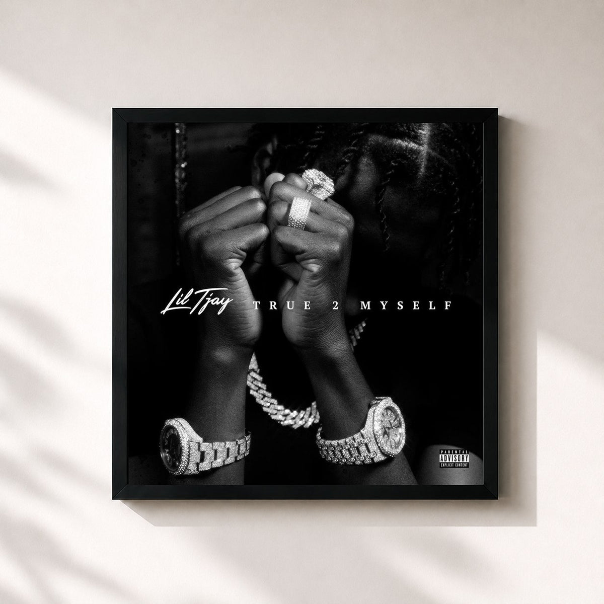#noir Tableau carré de l'album True 2 Myself de Lil Tjay, cadre noir 32x32 cm