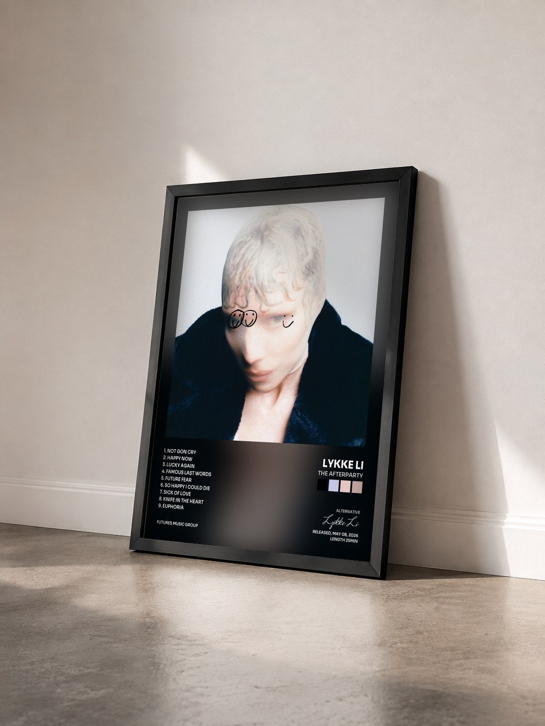 #noir Tableau de l'album The Afterparty de Lykke Li vu de trois quarts, cadre noir