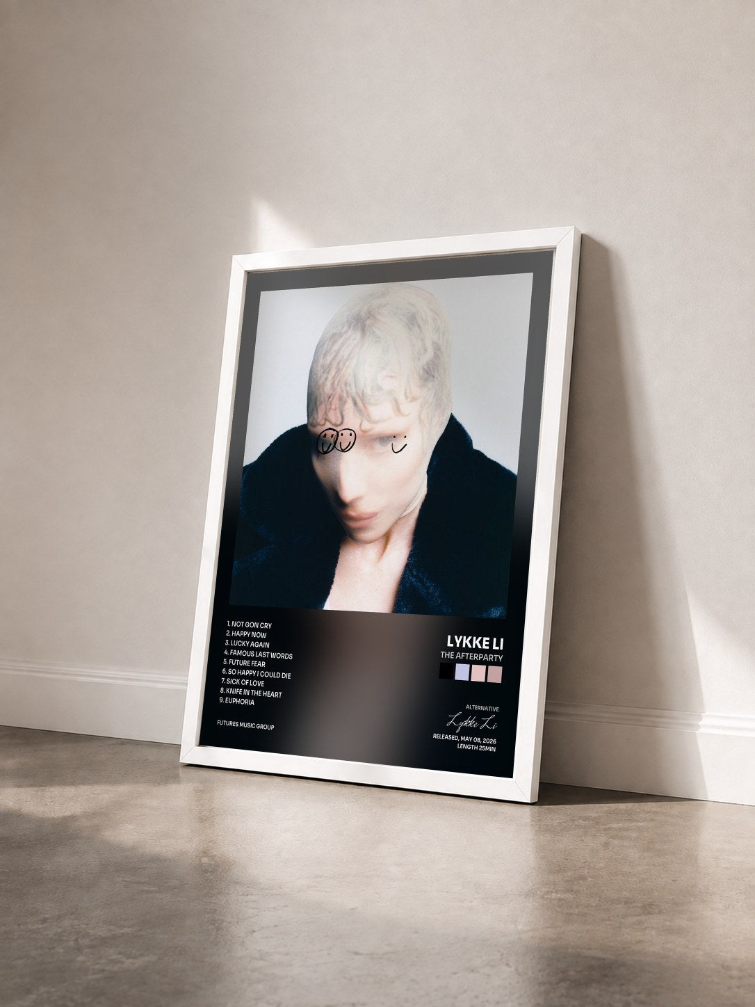 #blanc Tableau de l'album The Afterparty de Lykke Li vu de trois quarts, cadre blanc