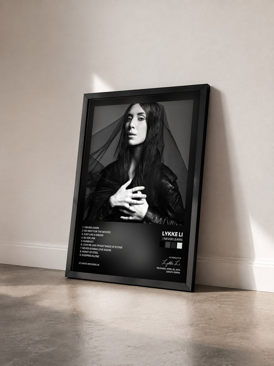 #noir Tableau de l'album I Never Learn de Lykke Li vu de trois quarts, cadre noir