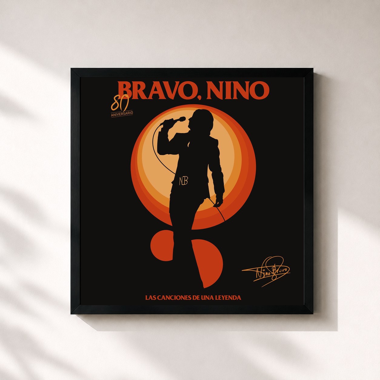 #noir Tableau carré de l'album Bravo, Nino. Las Canciones de una Leyenda de Nino Bravo, cadre noir 32x32 cm