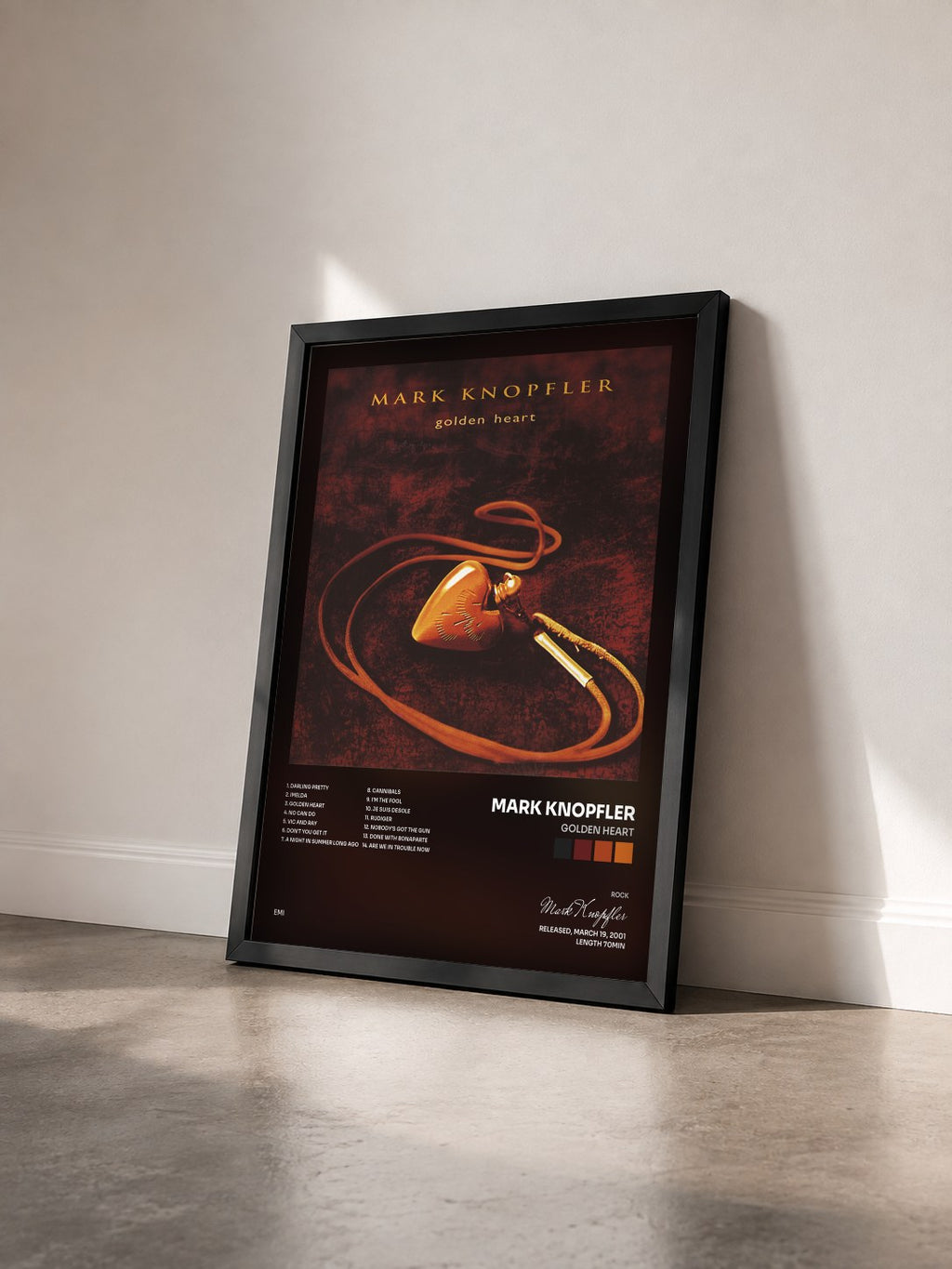 #noir Tableau de l'album Golden Heart de Mark Knopfler vu de trois quarts, cadre noir