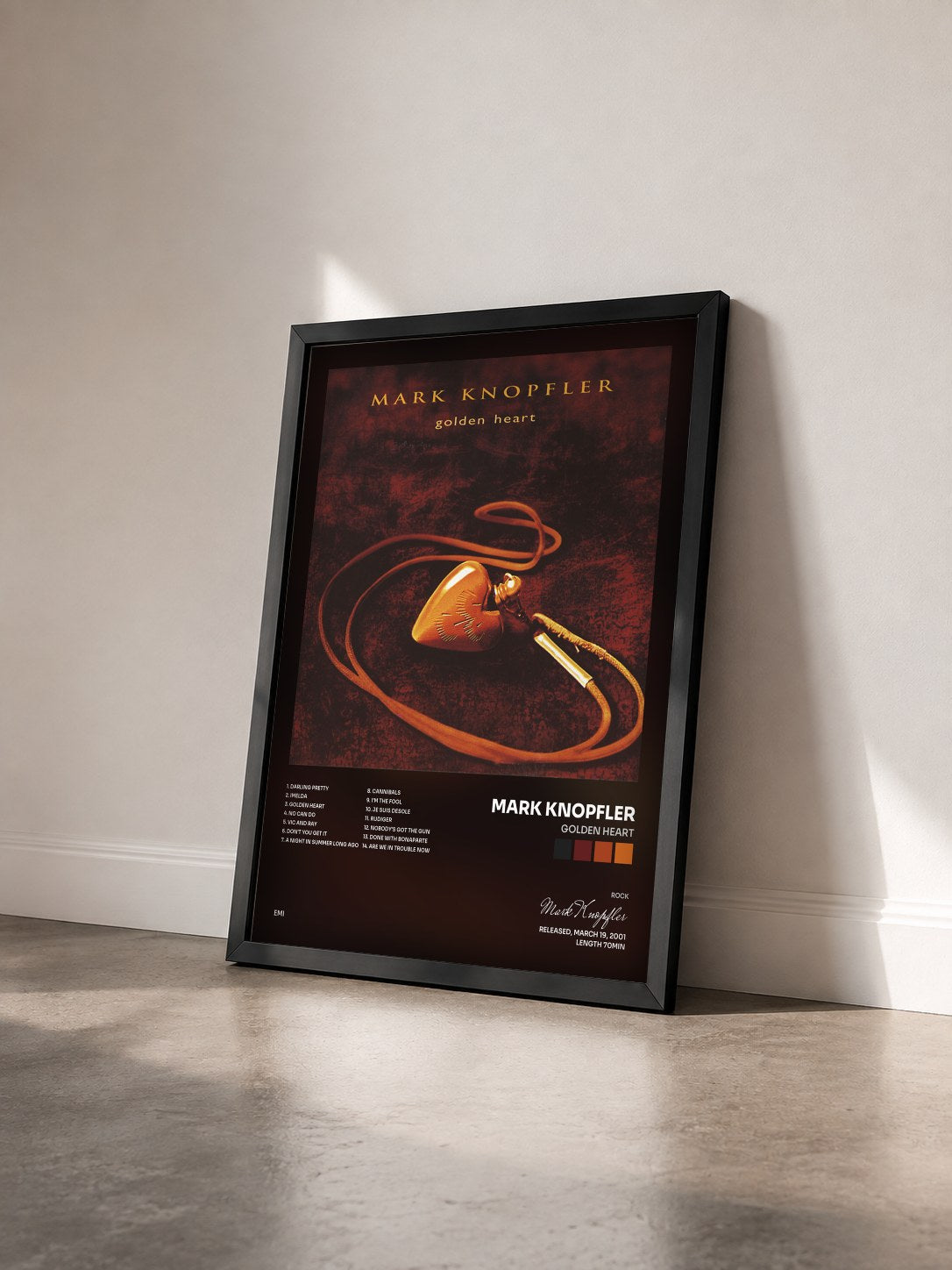 #noir Tableau de l'album Golden Heart de Mark Knopfler vu de trois quarts, cadre noir