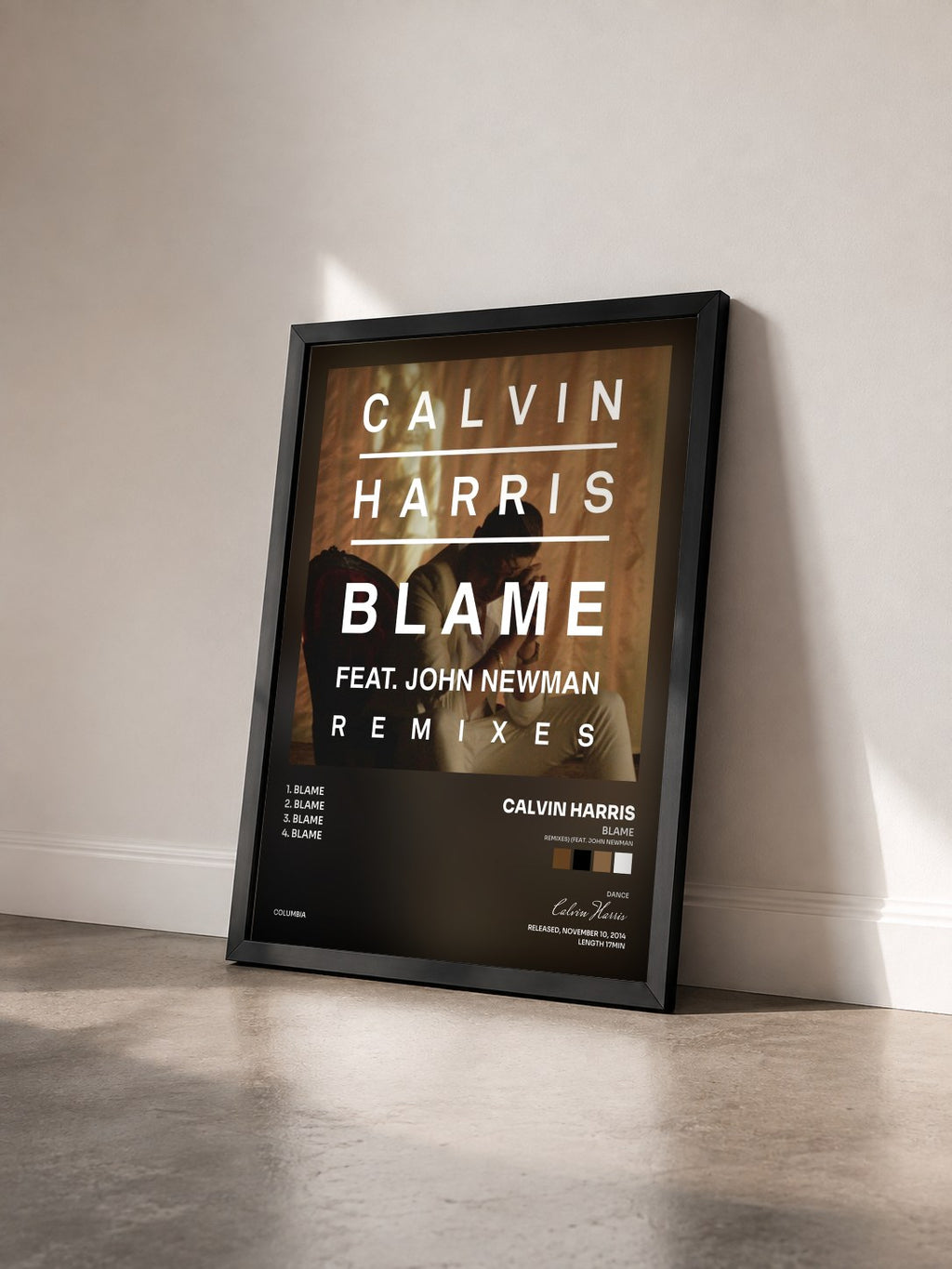 #noir Tableau de l'album Blame (Remixes) (feat. John Newman) de Calvin Harris vu de trois quarts, cadre noir