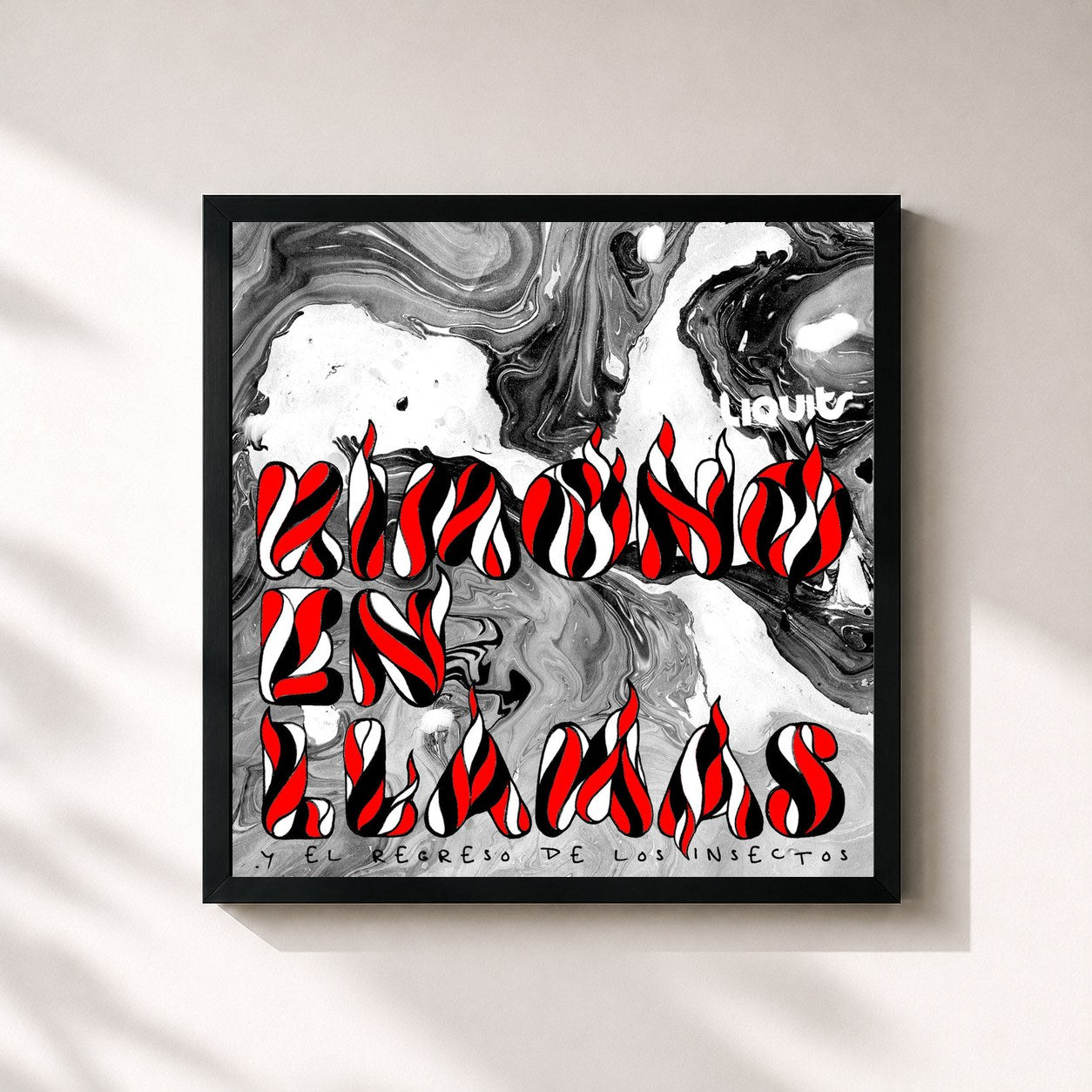 #noir Tableau carré de l'album Kimono en Llamas y El Regreso de los Insectos de Liquits, cadre noir 32x32 cm