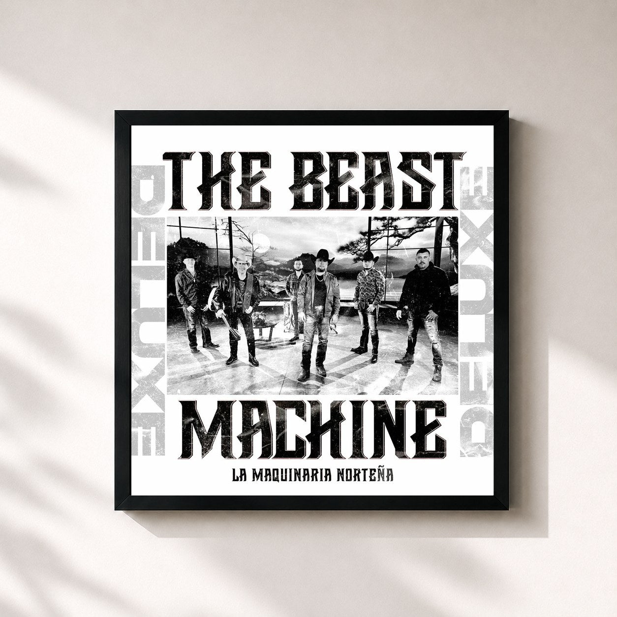 #noir Tableau carré de l'album The Beast Machine (Deluxe) de La Maquinaria Norteña, cadre noir 32x32 cm