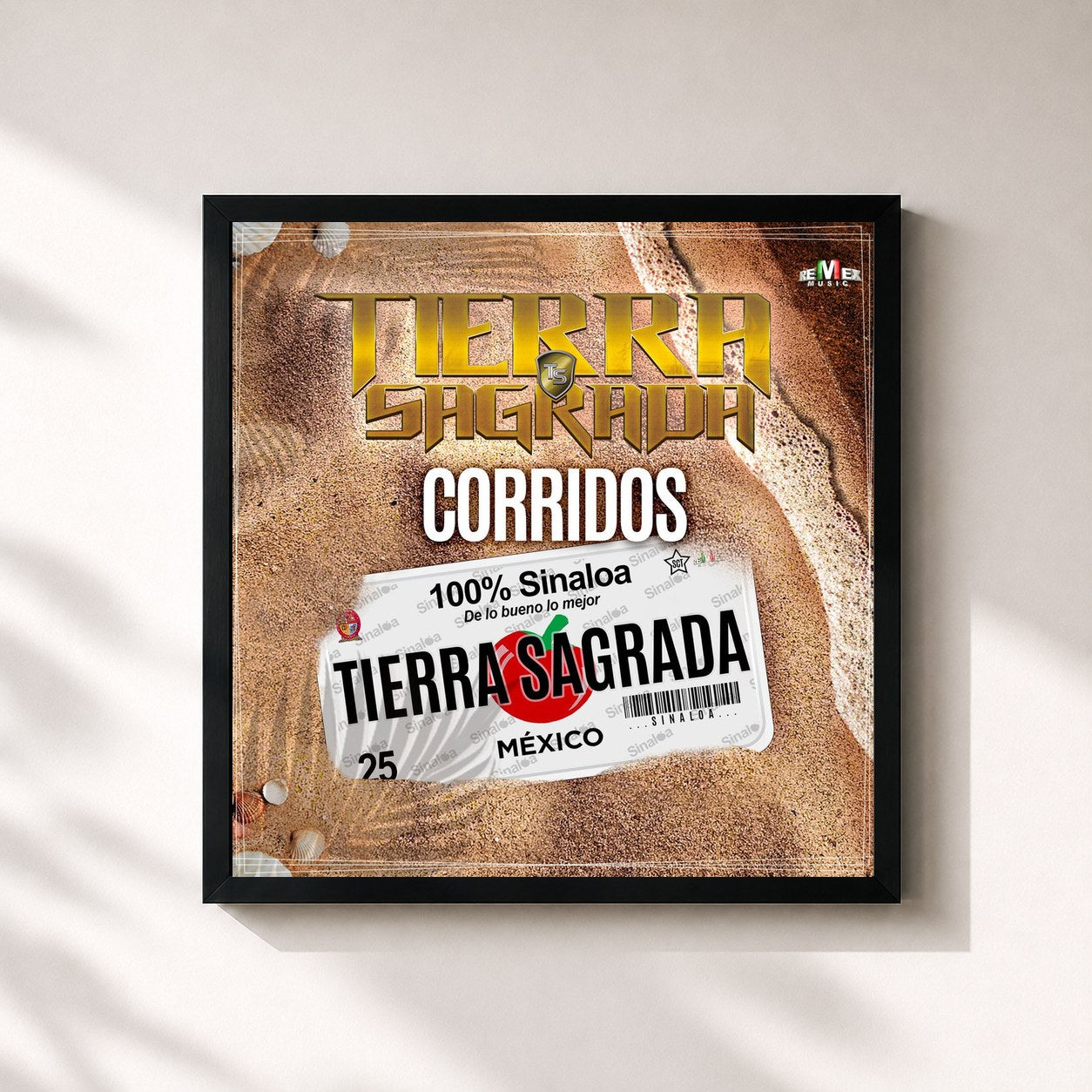 #noir Tableau carré de l'album Corridos 100% Sinaloa de Banda Tierra Sagrada, cadre noir 32x32 cm