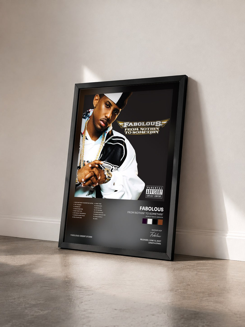 #noir From Nothin' To Somethin' (Bonus Track Version) by Fabolous as a framed art print seen at an angle, black frame