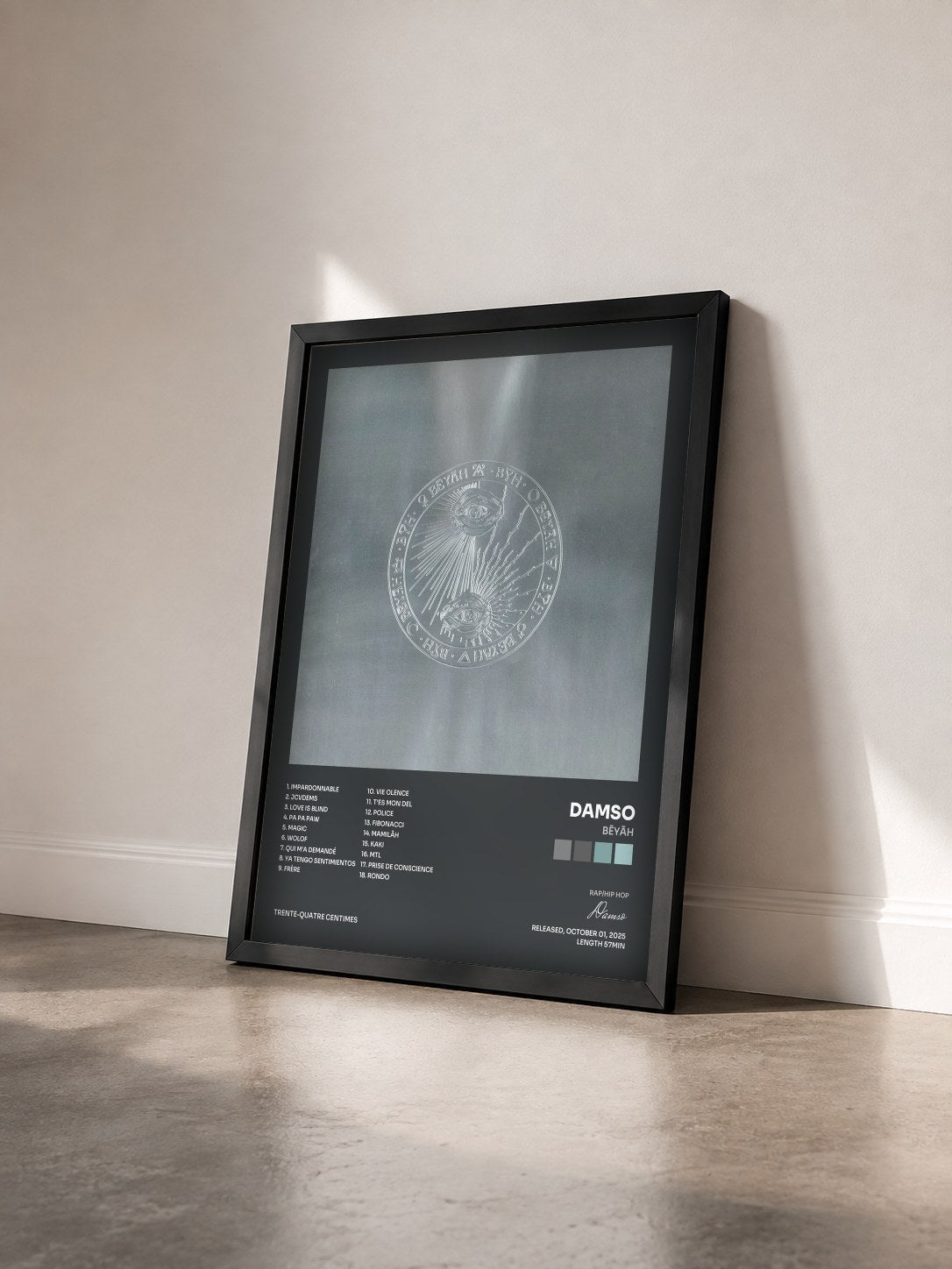 #noir BĒYĀH by Damso as a framed art print seen at an angle, black frame