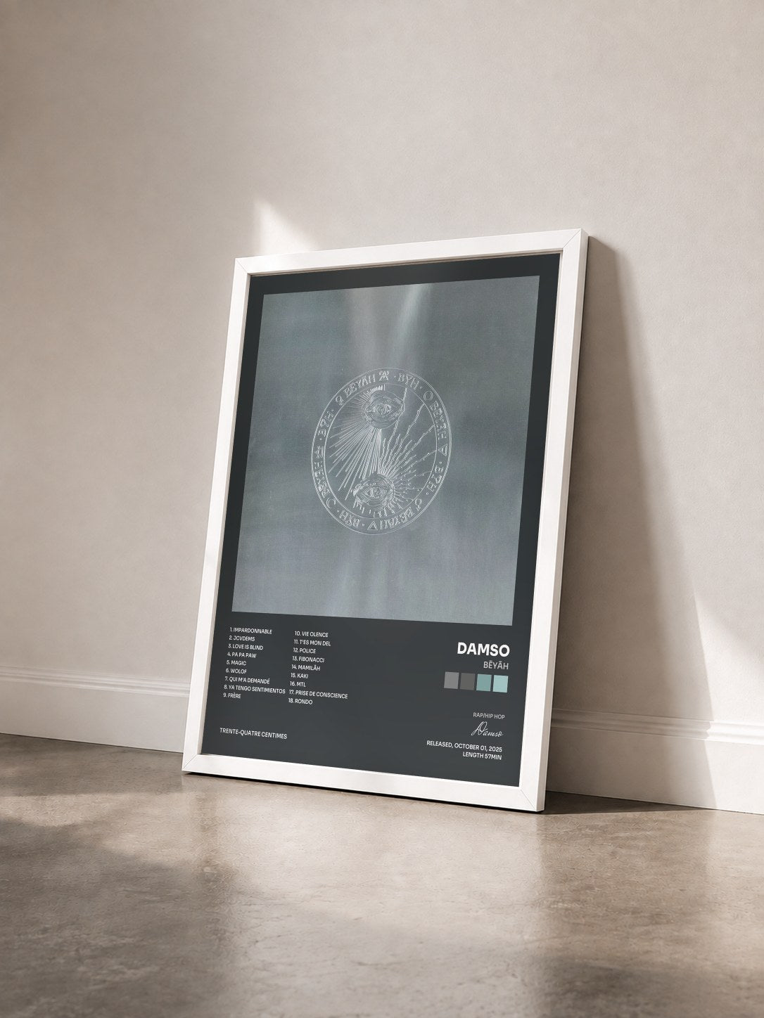 #blanc BĒYĀH by Damso as a framed art print seen at an angle, white frame