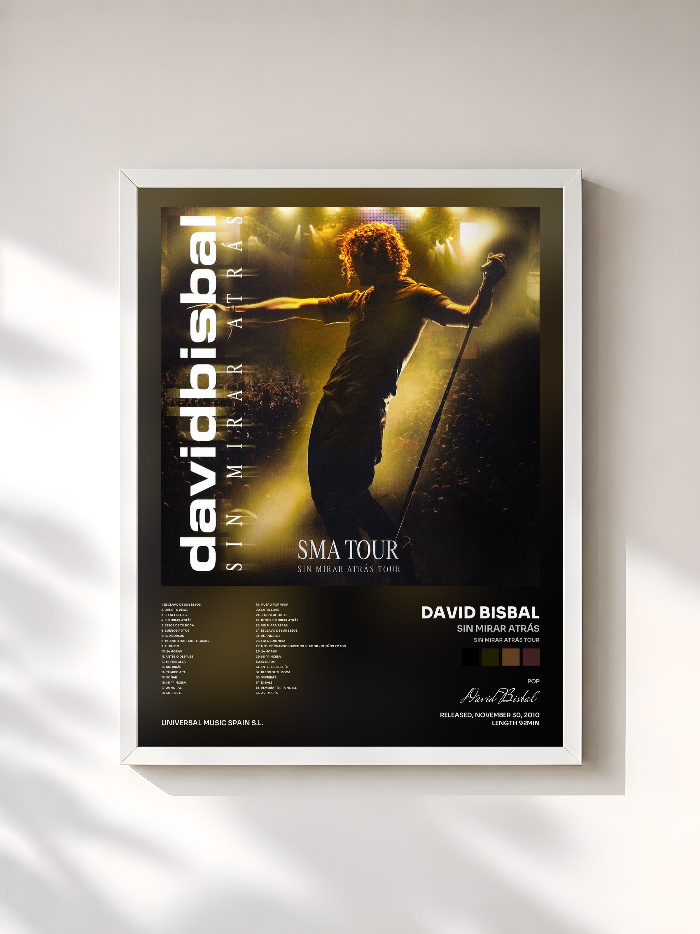 #blanc Tableau de l'album Sin Mirar Atrás (Sin Mirar Atrás Tour) de David Bisbal, cadre blanc, imprimé et encadré en France