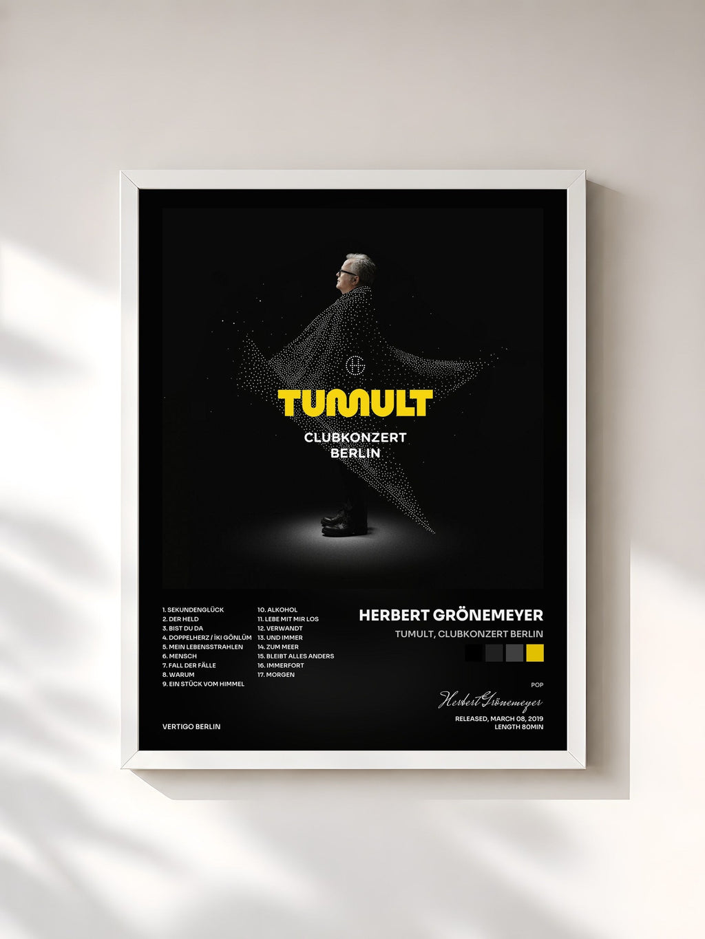 #blanc Tableau de l'album TUMULT, CLUBKONZERT BERLIN de Herbert Grönemeyer, cadre blanc, imprimé et encadré en France