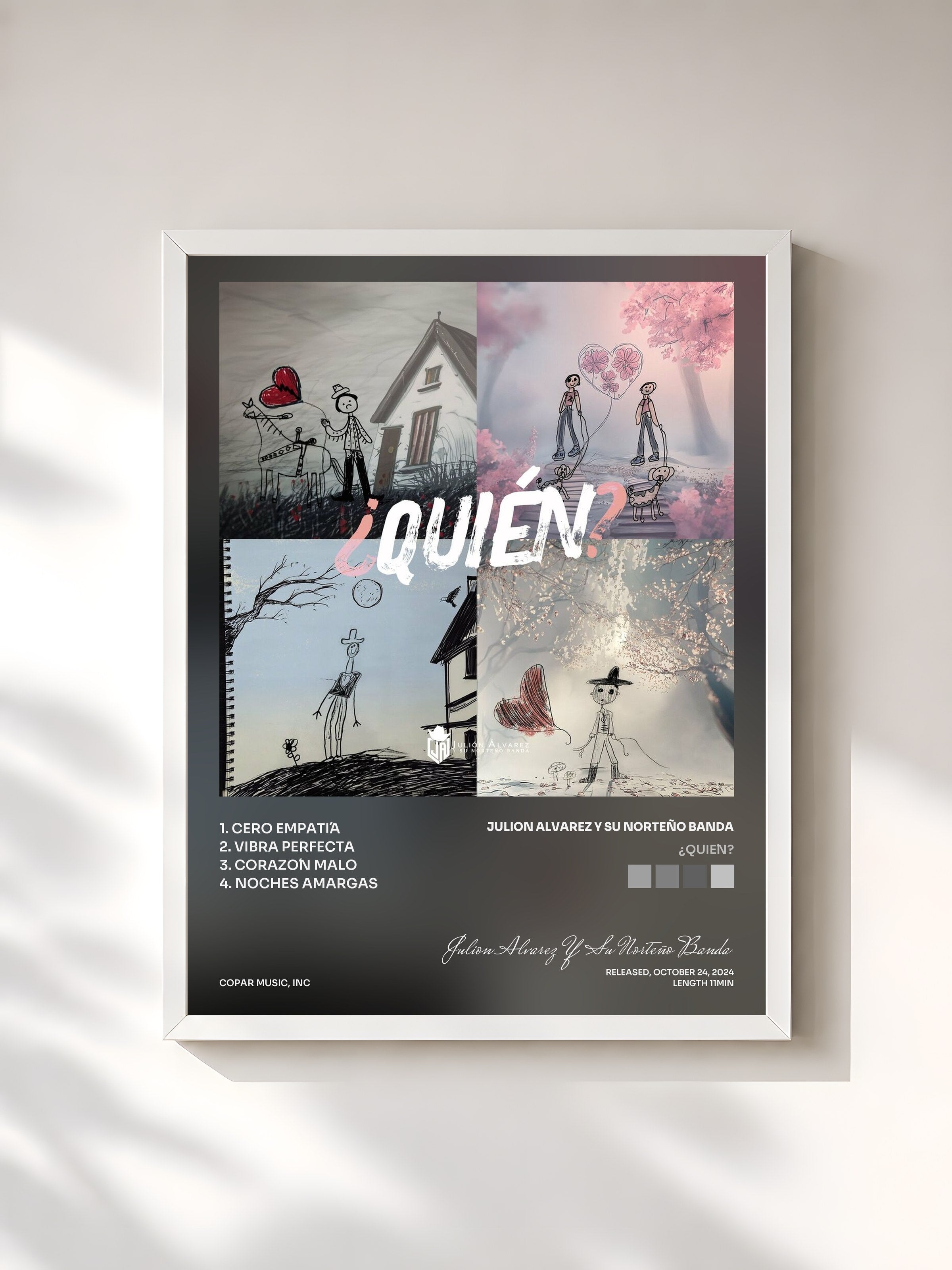 #blanc Tableau de l'album ¿Quién? de Julion Alvarez Y Su Norteño Banda, cadre blanc, imprimé et encadré en France