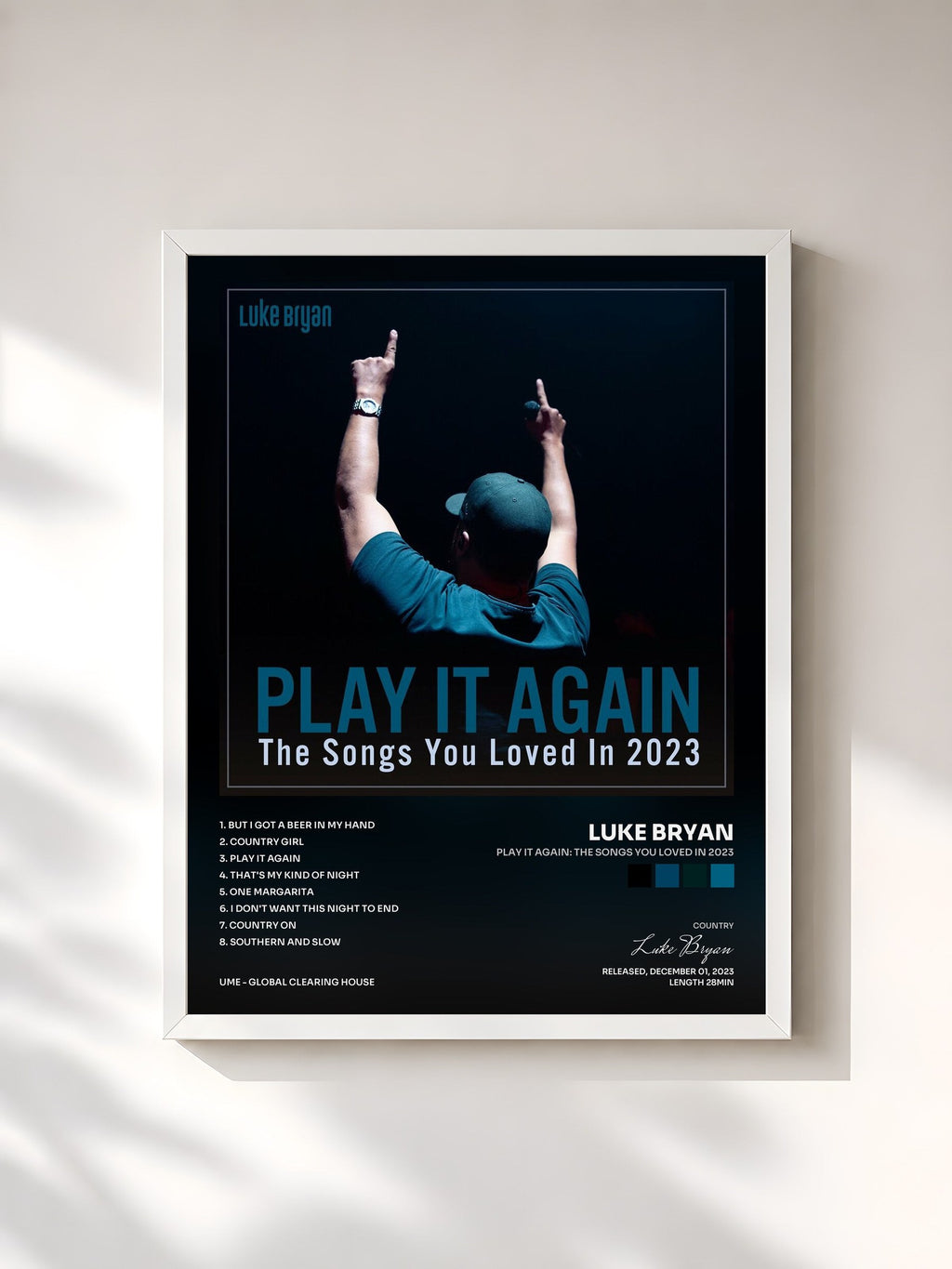 #blanc Tableau de l'album Play It Again: The Songs You Loved In 2023 de Luke Bryan, cadre blanc, imprimé et encadré en France