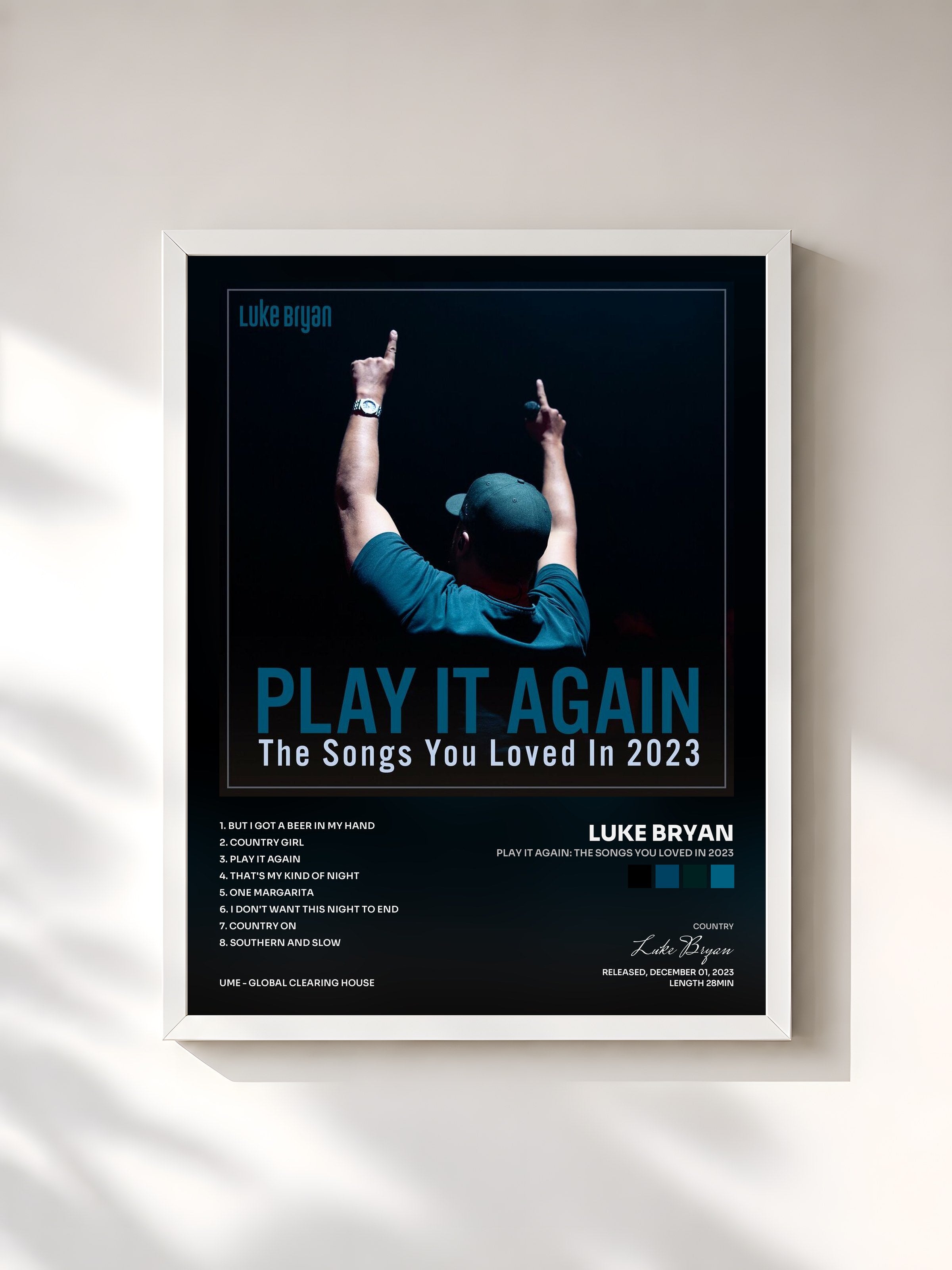 #blanc Tableau de l'album Play It Again: The Songs You Loved In 2023 de Luke Bryan, cadre blanc, imprimé et encadré en France