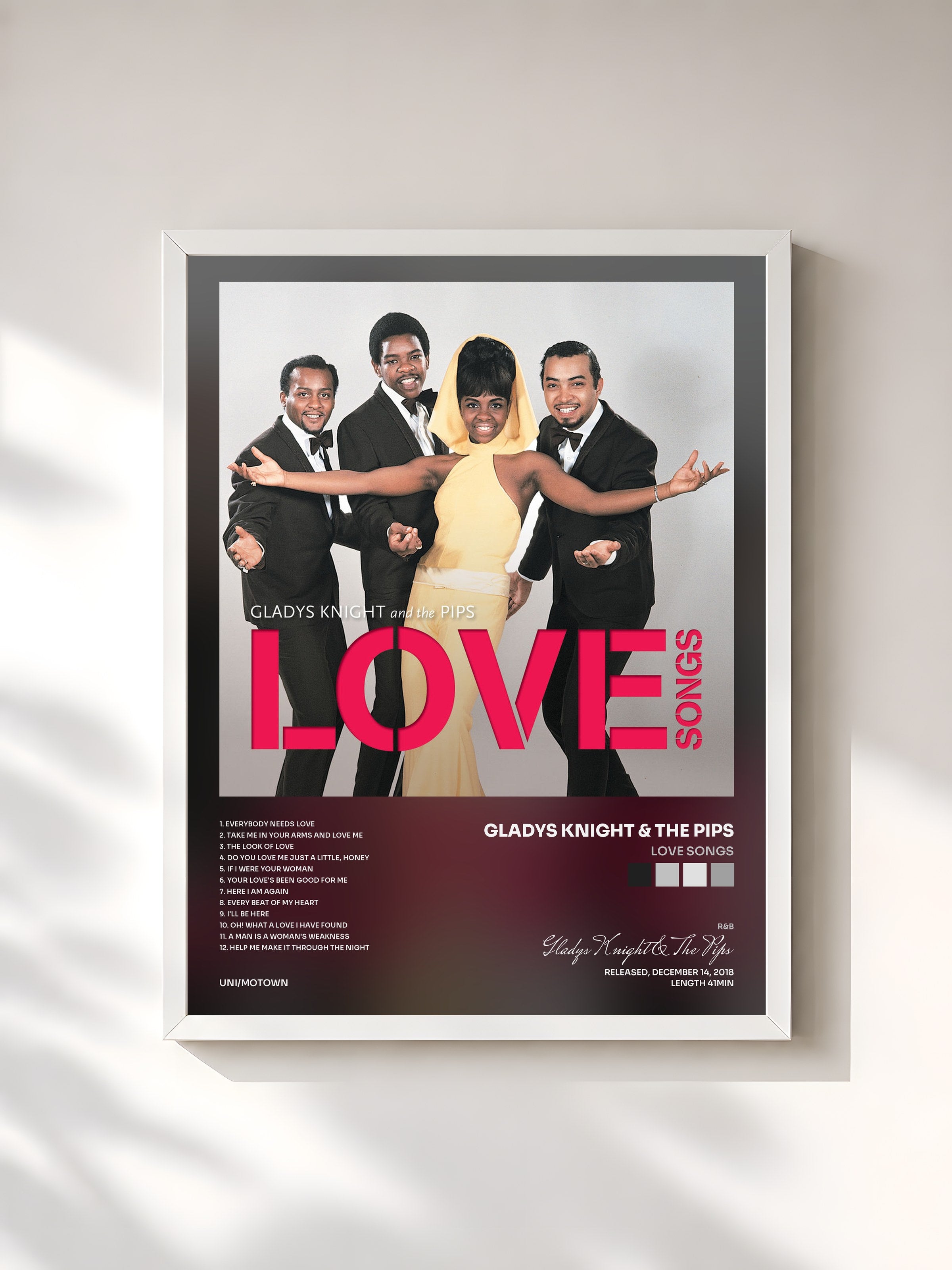 #blanc Tableau de l'album Love Songs de Gladys Knight & The Pips, cadre blanc, imprimé et encadré en France