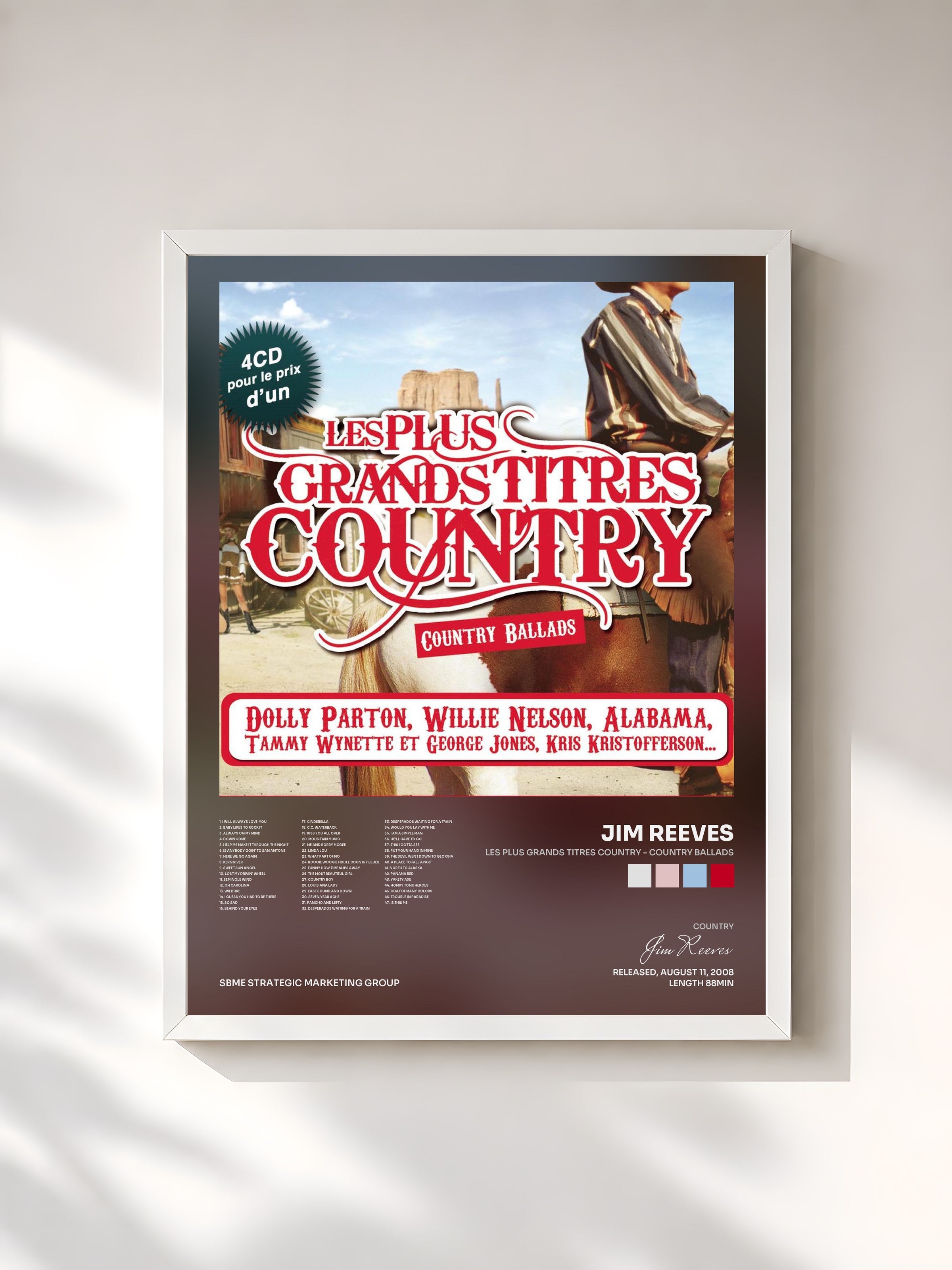 #blanc Tableau de l'album Les Plus Grands Titres Country - Country Ballads de Jim Reeves, cadre blanc, imprimé et encadré en France